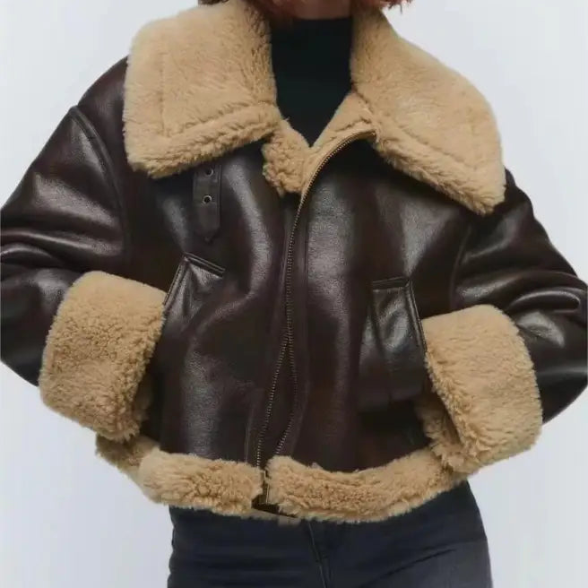Brown faux leather aviator jacket with shearling trim, fabulse winter short coat for cold weather