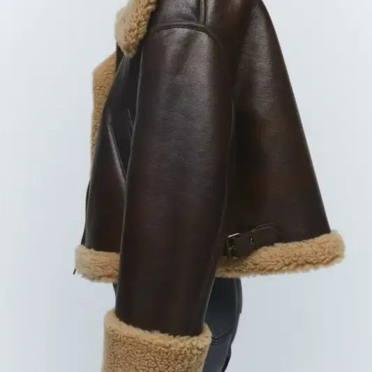Brown leather aviator jacket with shearling trim from Fabulse Winter Short Coat collection