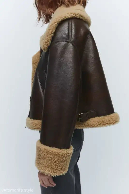Brown leather aviator jacket with shearling trim from Fabulse Winter Short Coat collection