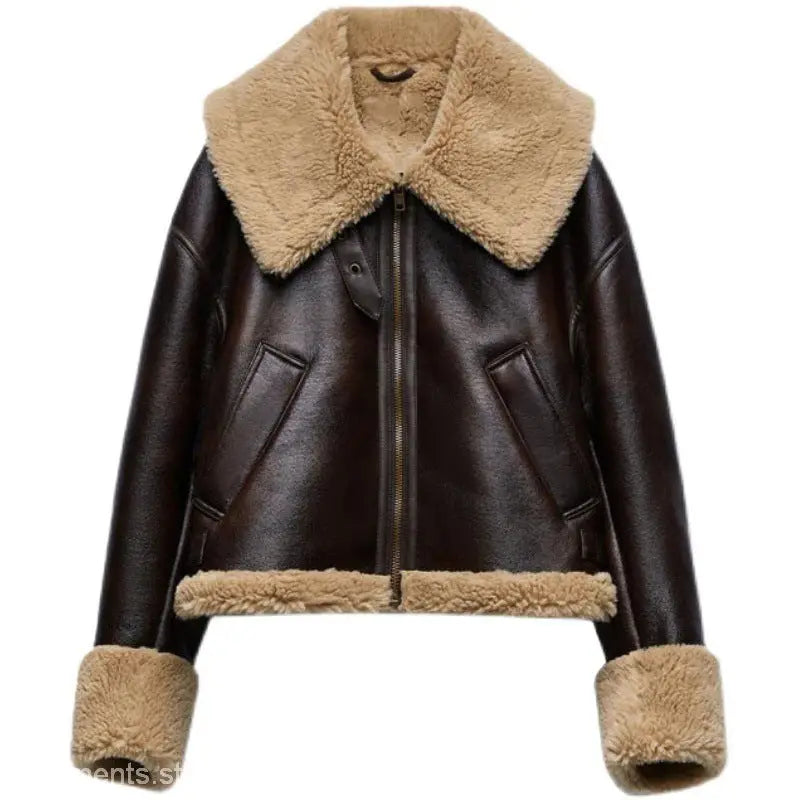 Brown leather jacket with fur trim from Fabulse Winter Short Coat collection