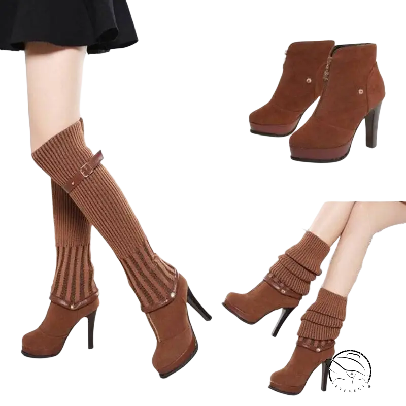 Fashion long thigh knitting knee boots with brown suede platform heel height