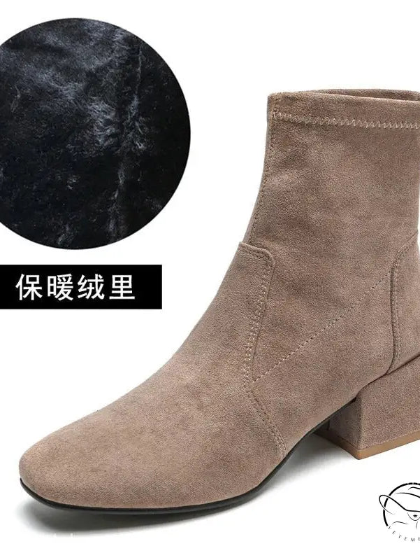 Beige suede ankle boot with low block heel in apricot colored velvet