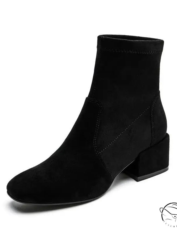 Black velvet square toe ankle boot with low block heel