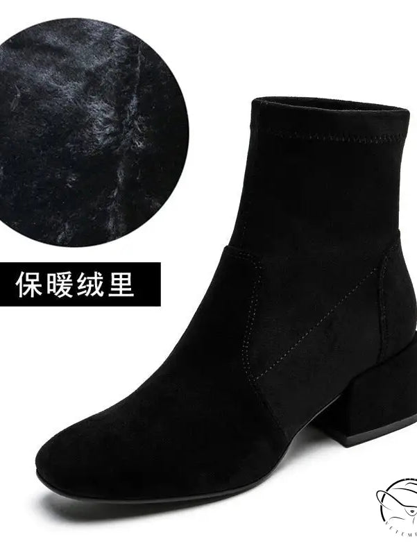 Black velvet ankle boot with low block heel and square toe