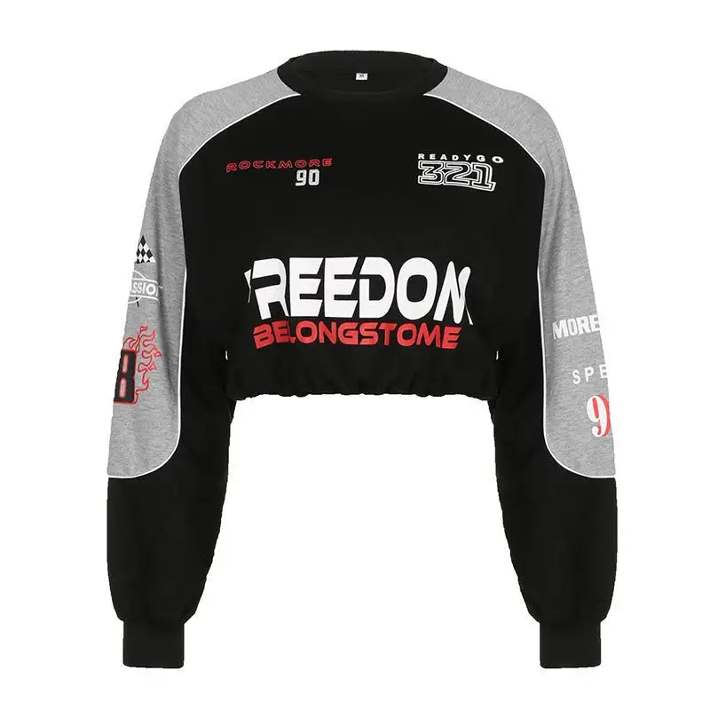 Cropped black and gray fashionable flair sweater with REEDON BELONGSTOME text for sexy autumn winter style