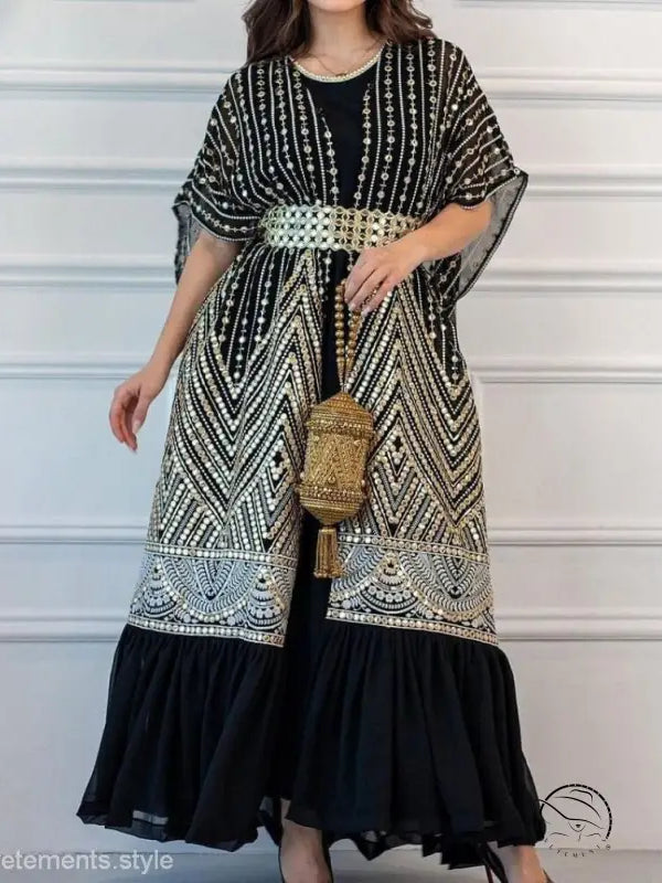 Ornate black and white patterned fashionable urban casual maxi dress with gold belt