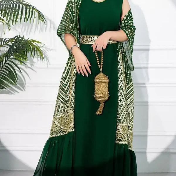 Emerald green fashionable urban casual maxi dress with gold embroidered shawl and matching handbag
