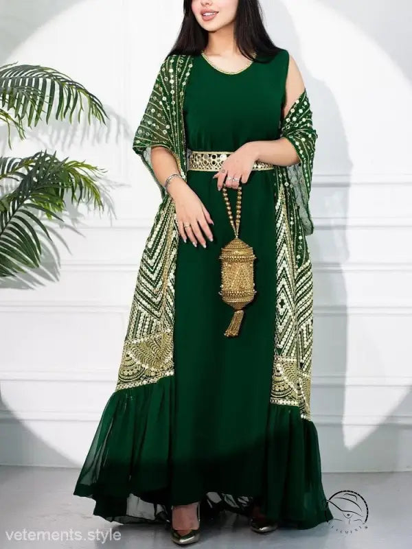 Emerald green fashionable urban casual maxi dress with gold shawl