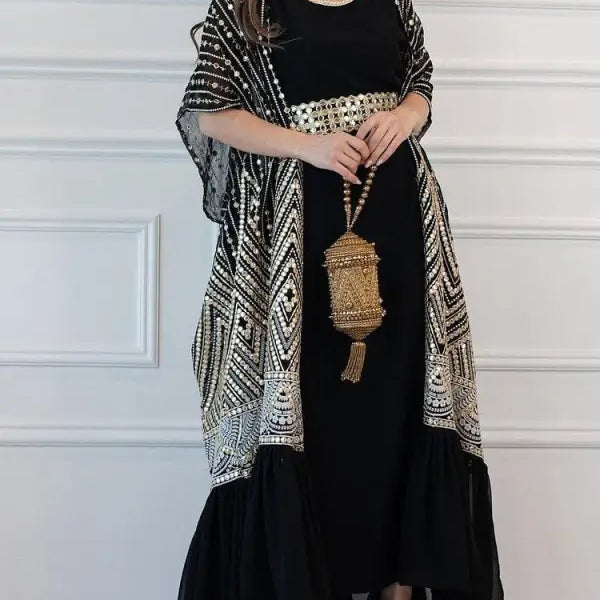 Fashionable urban casual black abaya dress with ornate shawl and gold belt