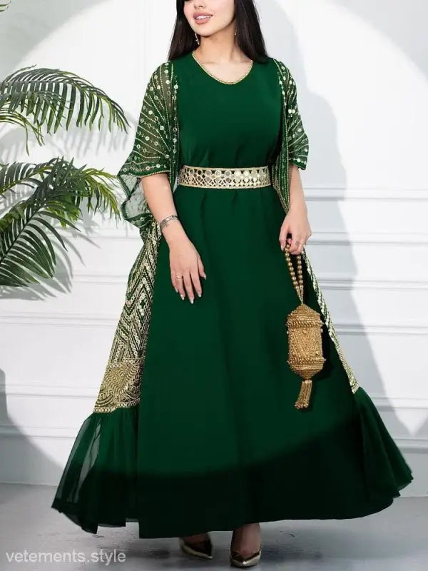 Emerald green fashionable urban casual maxi dress with gold embellishments and sheer overlay