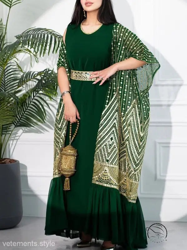 Emerald green fashionable urban casual maxi dress with gold shawl and belt