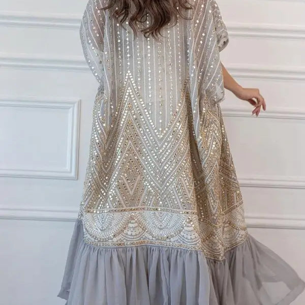 Elegant fashionable urban casual maxi dress with beading and flowy chiffon skirt