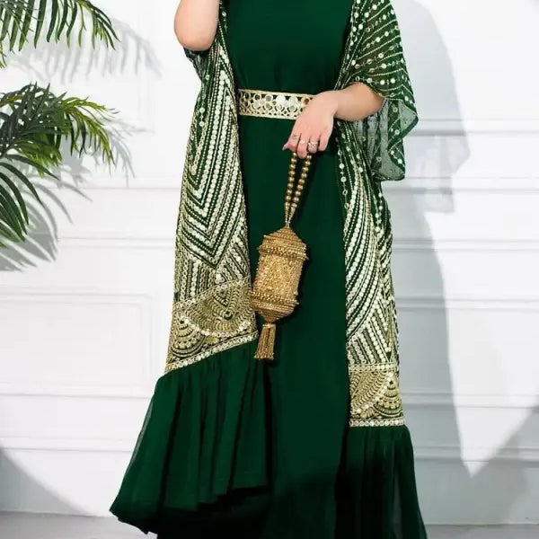 Emerald green fashionable urban casual maxi dress with gold embroidered shawl and belt
