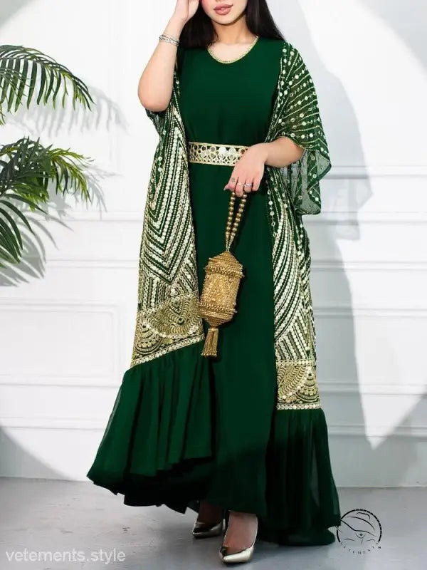 Emerald green fashionable urban casual maxi dress with gold shawl and belt