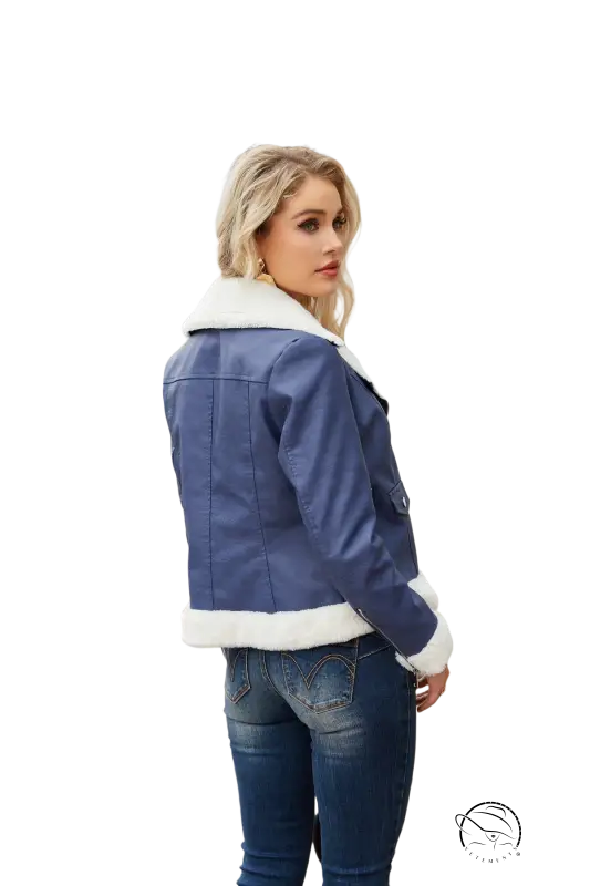 Blue faux shearling jacket with white lining for autumn winter fleece
