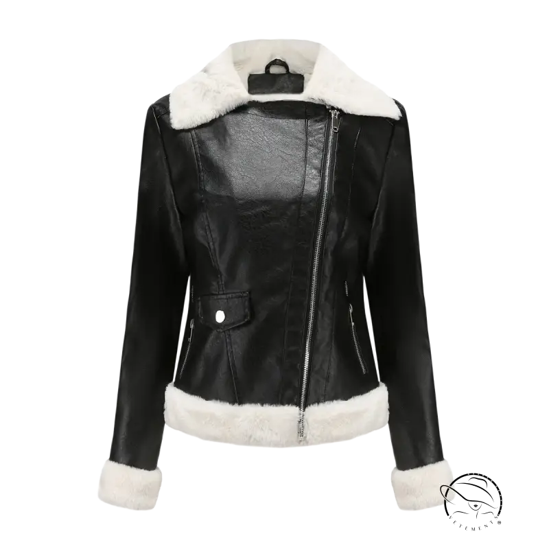 Black faux leather moto jacket with faux shearling collar, cuffs, hem