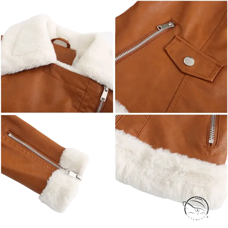 Tan faux shearling jacket with white fluffy lining and silver zippers
