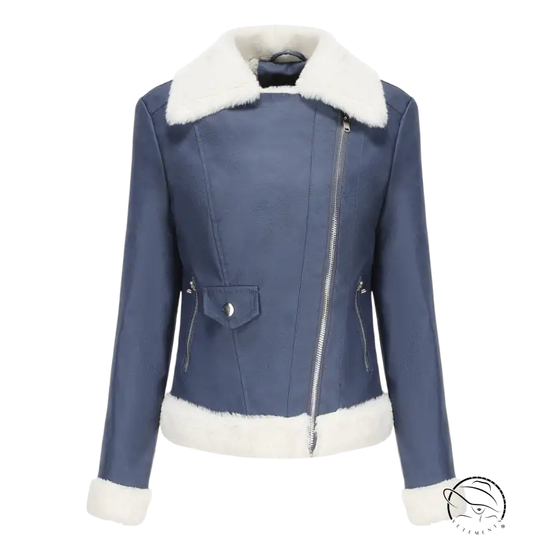 Navy blue faux shearling jacket with white fleece collar, cuffs, hem