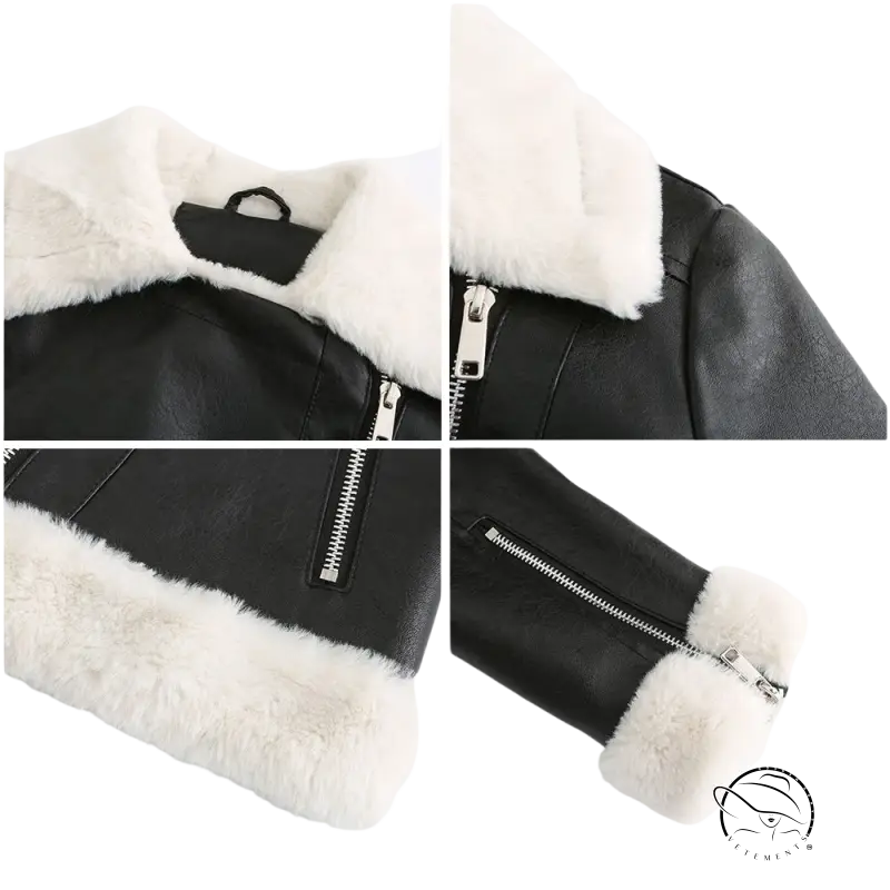 Black faux shearling fleece leather jacket for autumn winter with white lining