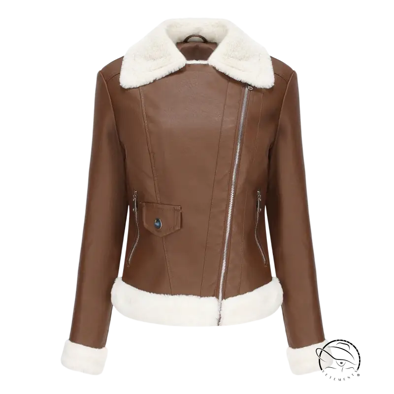 Brown faux leather moto jacket with white faux shearling collar and cuffs for autumn winter fleece
