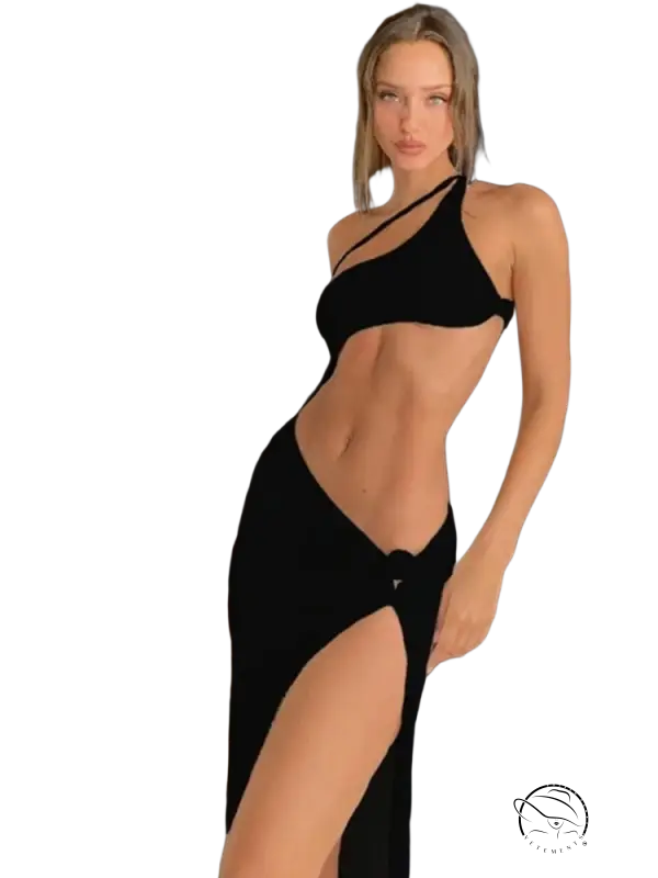 Flirty waves bodysuit: black one-shoulder sexy beach cover with high slit
