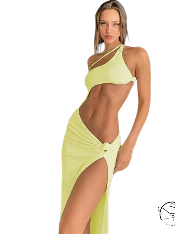 Vibrant lime green flirty waves bodysuit as sexy beach cover with high slit