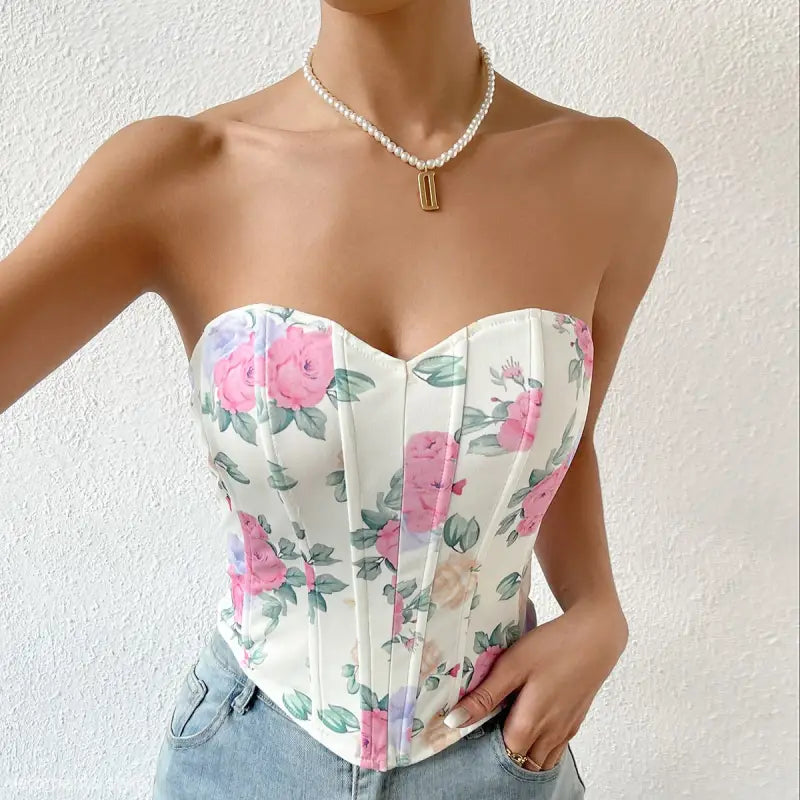 Floral Boning Corset Tube Top featuring a backless summer style and boning corset waist