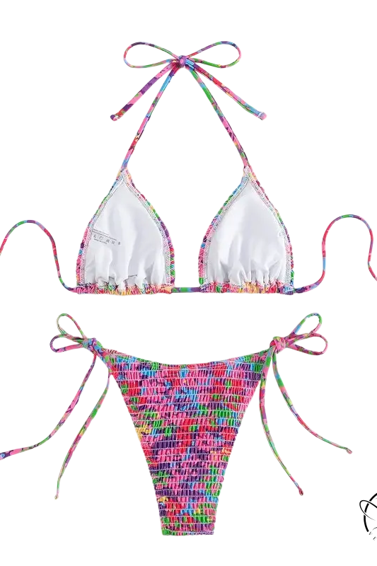 Vibrant floral Brazilian bikini with smocked halter top and thong