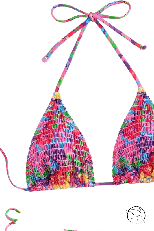 Vibrant floral Brazilian bikini top with smocked halter design