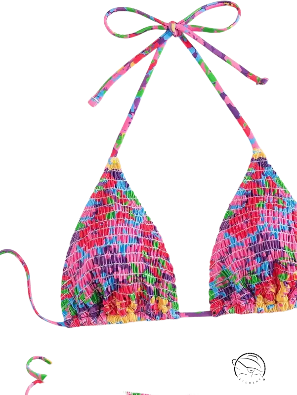 Vibrant floral Brazilian bikini top with smocked halter design