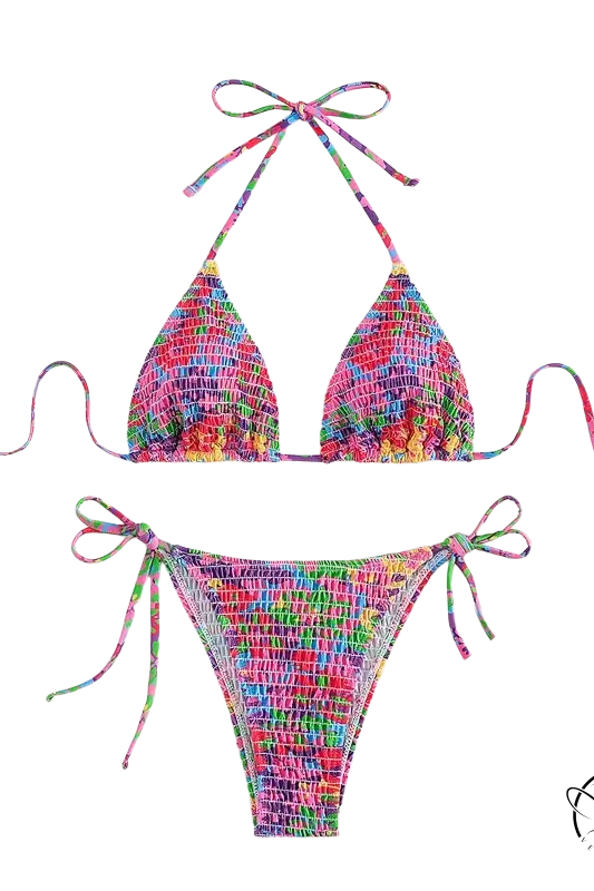 Floral Brazilian bikini with colorful multi-patterned tie strings
