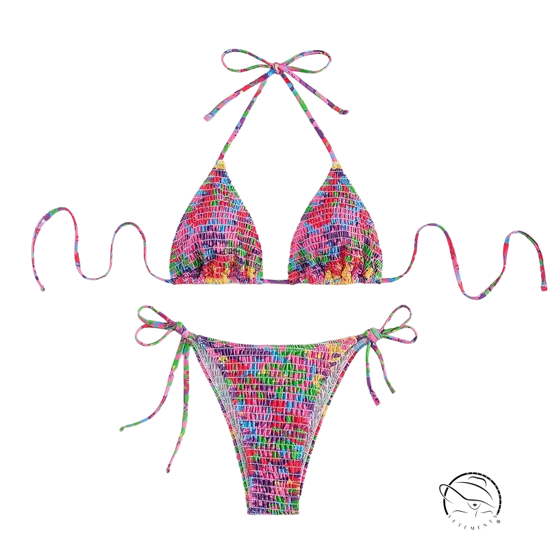 Floral Brazilian bikini with colorful multi-patterned tie strings