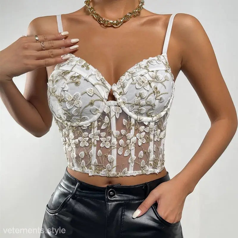 White lace floral embroidered sheer bustier top with mesh boning corset and V-neck design