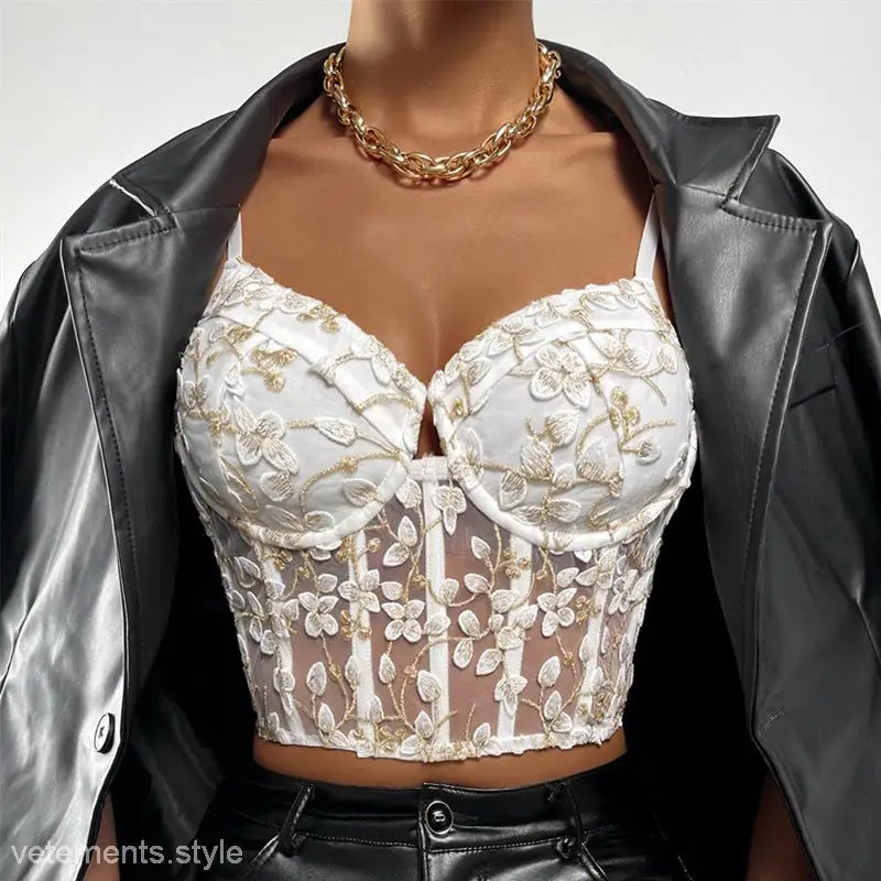 White lace floral embroidered crop top with snow white boning and mesh boning corset detail