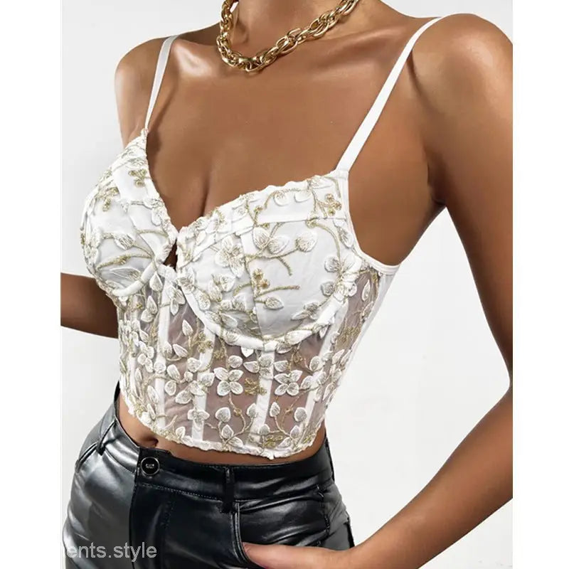White mesh floral embroidered boning corset top with adjustable straps and snow white boning