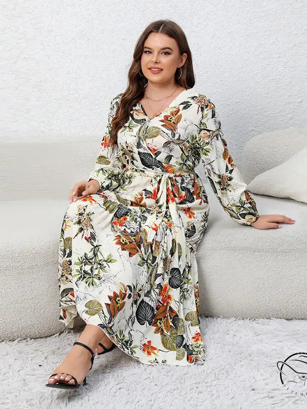 Floral loose swing dress with long sleeves and belted waist