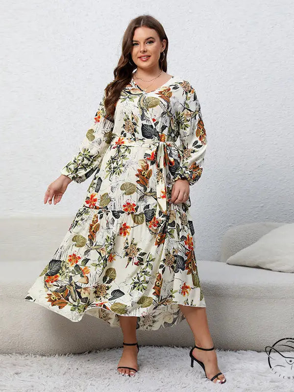 Floral loose swing dress with long sleeves and ruffled hem