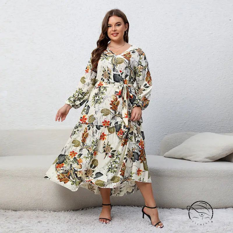 Floral loose swing dress with long sleeves and ruffled hem