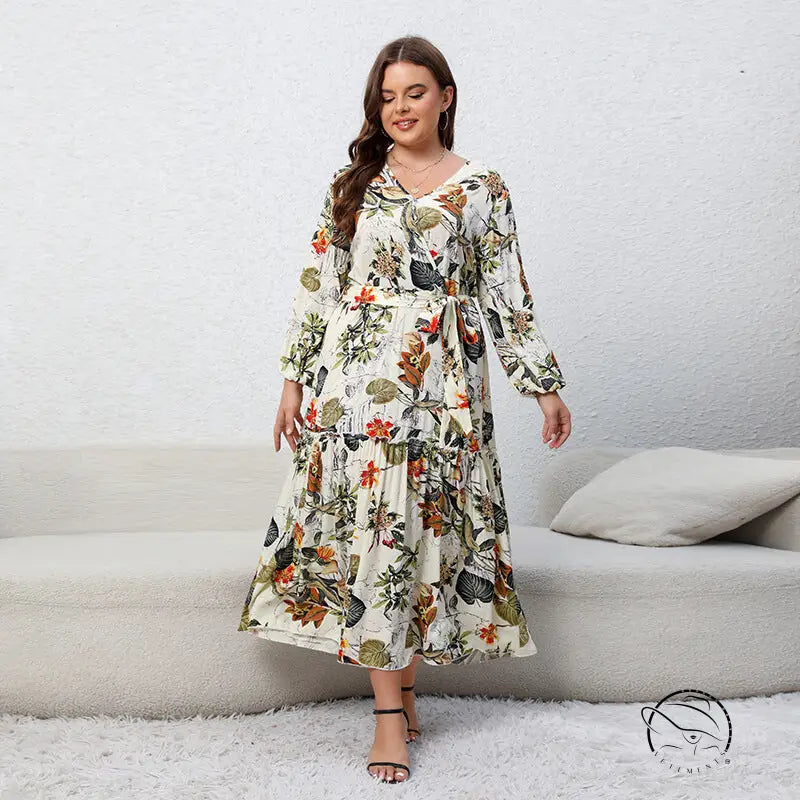 Floral loose swing dress with long sleeves, v-neckline and maxi a-line design
