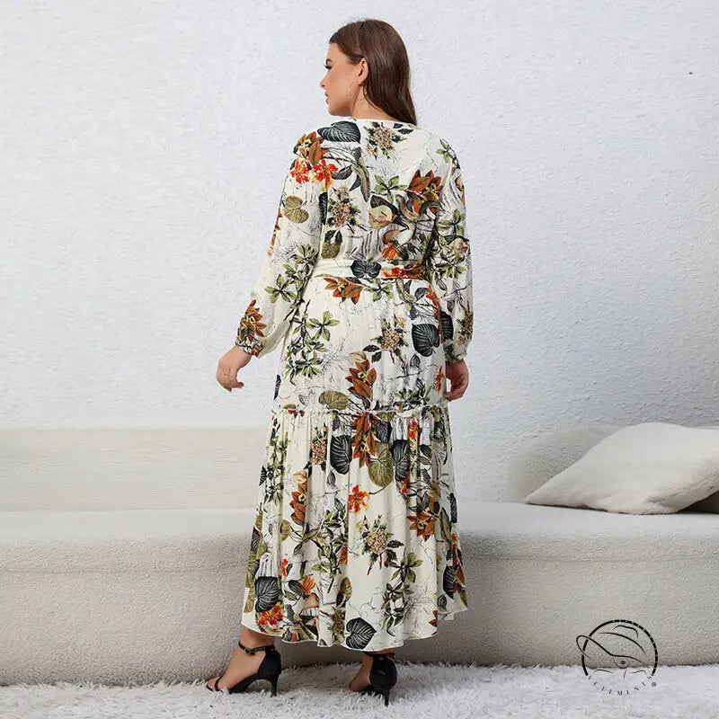 Elegant floral loose swing dress with long sleeves and ruffled maxi hem