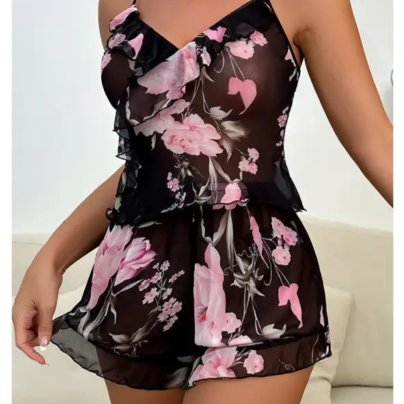 Black sheer floral print cami top and shorts set from Floral Pajamas Set with Mesh Sleeves and Ruffle Detail, ideal for sexy mesh floral pajamas enthusiasts