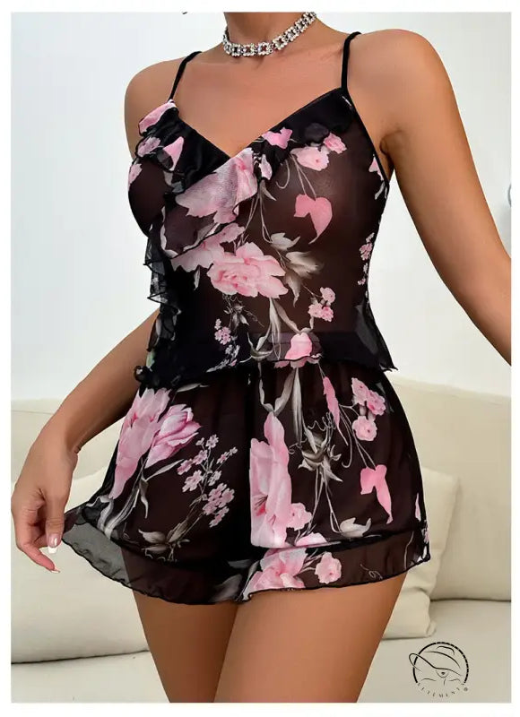 Black sheer floral print cami top and shorts set from Floral Pajamas Set with Mesh Sleeves and Ruffle Detail, ideal for sexy mesh floral pajamas enthusiasts
