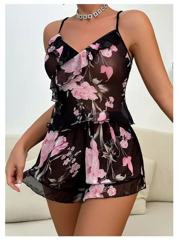Black sheer floral print cami top and shorts set from Floral Pajamas Set with Mesh Sleeves and Ruffle Detail, ideal for sexy mesh floral pajamas enthusiasts
