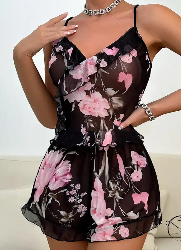 Black floral pajamas set with sheer mesh sleeves and ruffle details