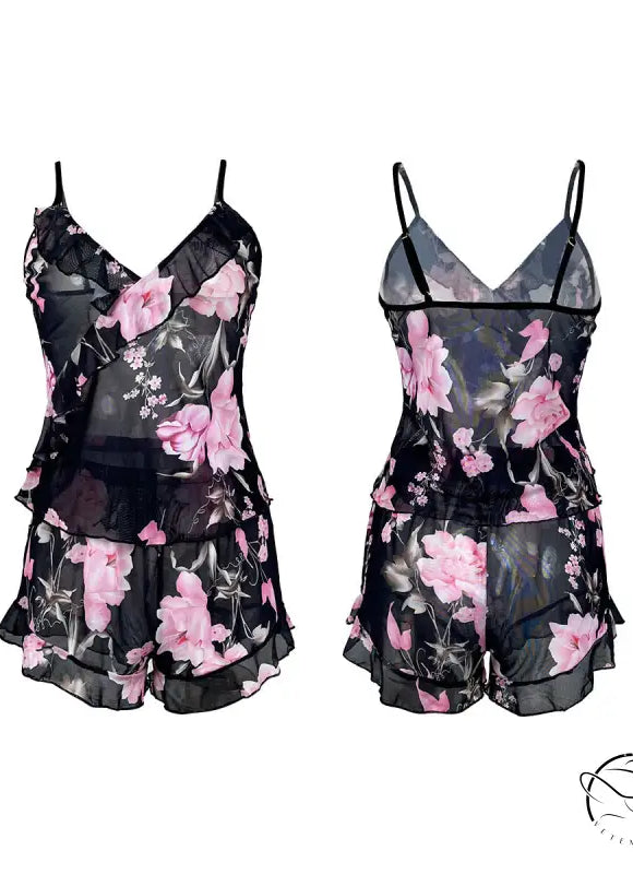 Black floral print two-piece pajama set with sexy mesh floral pajamas design and ruffle detail