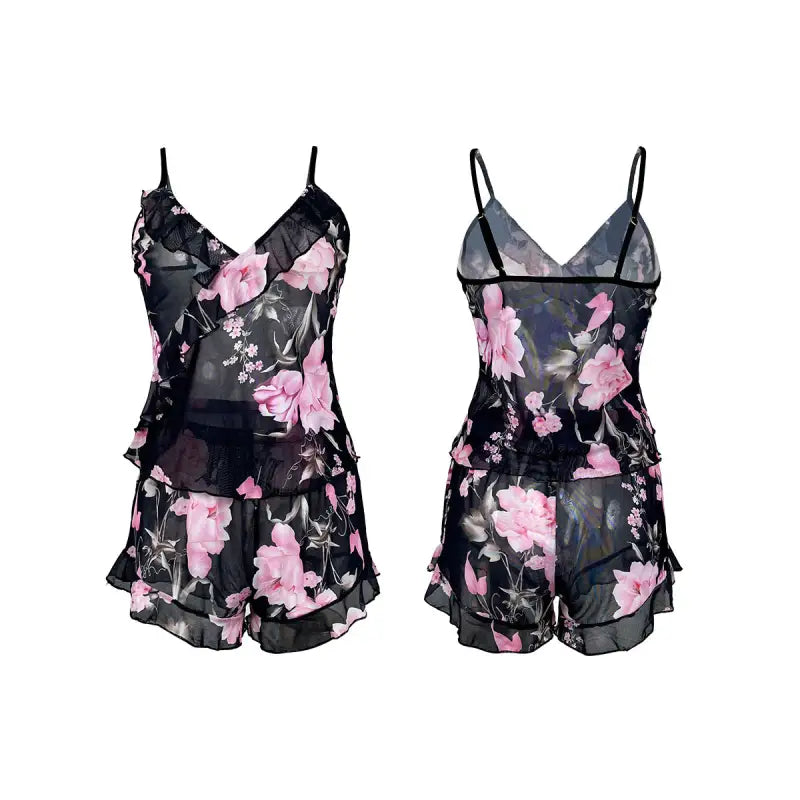 Black floral print two-piece pajama set with sexy mesh floral pajamas design and ruffle detail