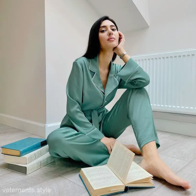 Green satin fall pajamas set with collar and long sleeve pants for stylish comfort