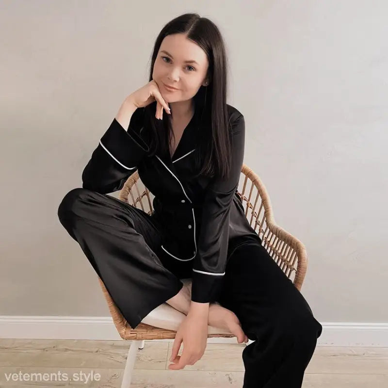 Black satin fall pajamas set with white piping, featuring a set collar and long sleeves
