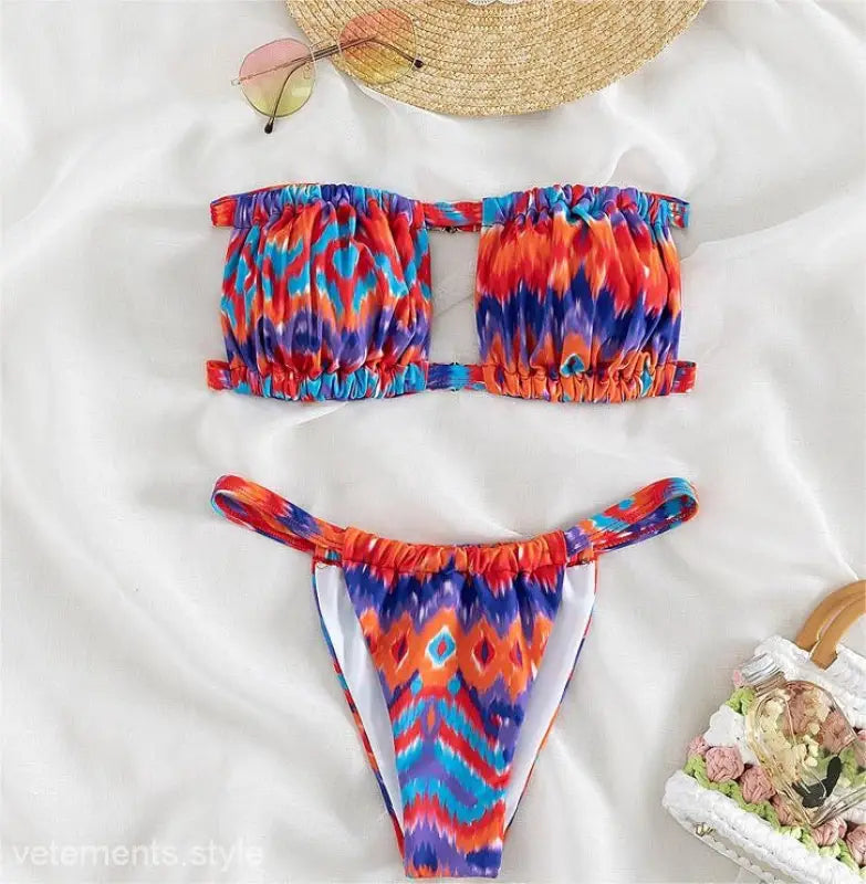 Colorful floral primary color printed bikini with cutout design and free shipping