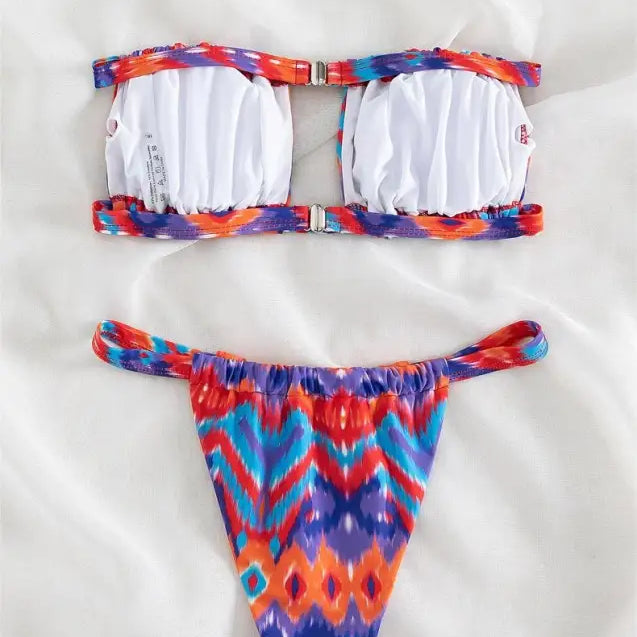 Floral primary color printed bikini with cutout design and vibrant geometric pattern, free shipping